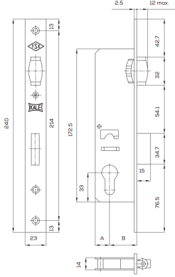 На картинке «Замок врезной цилиндровый узкопрофильный KALE KILIT 155,BS20,R,23NP,w/o SP,w/o Ros,STB»