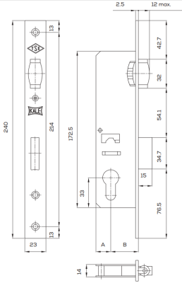 На картинке «Замок врезной цилиндровый узкопрофильный KALE KILIT 155,BS30,R,23NP,w/o SP,w/o Ros,STB»