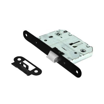 На картинке «Защелка врезная Trodos PE70 с фиксацией под поворотную ручку с овал. планкой, металл, черный»