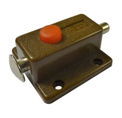 На картинке «Задвижка кнопочная ЛЕВША  35х30мм коричневая пластик»