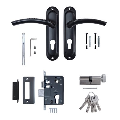 На картинке «Замок врезной 50/LA02 межосевое 50 мм ключ/вертушка BL (черный) MARLOK»