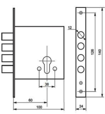 На картинке «Корпус врезного замка  "2515-Ц-4Р" 4 ригеля d-12мм, без мц (2 крепотверстия)»