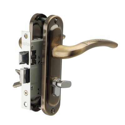 На картинке «Замок врезной Vrata 50/106-ЦМВ70 цилиндровый с защелкой, с ручкой, бронза»