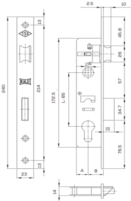 На картинке «Замок врезной цилиндровый узкопрофильный KALE KILIT 153,85BS25,23NP,w/o SP,w/o Ros,STB»