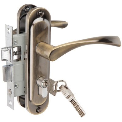 На картинке «Замок врезной Vrata 50/76-ЦМ70 цилиндровый с защелкой, с ручкой, бронза»