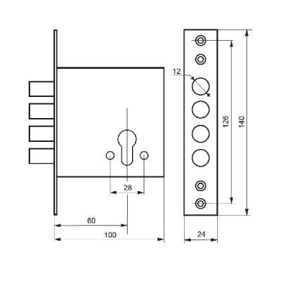 На картинке «Корпус врезного замка  "2514-Ц-4Р Верхний-335" 4 ригеля d-12мм, без мц (2 крепотверстия) (XY-4M)»