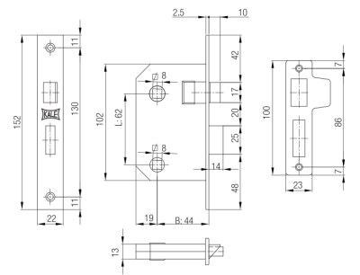 На картинке «Замок врезной межкомнатный KALE KILIT 251 WC для деревянных дверей,62BS44,22NP,L,SP,STB (левый)»
