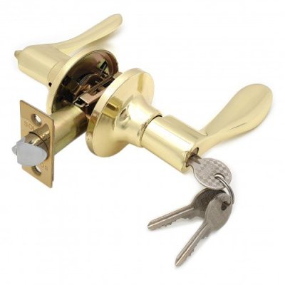 На картинке «Ручка-защелка нажимная межкомнатная ЗВ3-01 SOLLER золото с ключом и фиксатором»