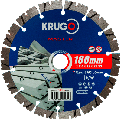 На картинке «Диск алмазный KRUGO MASTER турбо по бетону 180х2.4х22х12 мм сегментный»