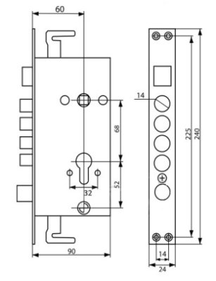 На картинке «Корпус врезного замка "2524-4Р Стандарт" 4 круглых ригеля+задвижка, правый»