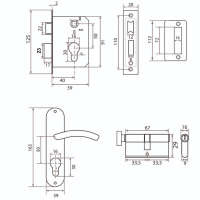 На картинке «Замок врезной Vrata 50/106-ЦМB70 цилиндровый с защелкой, с ручкой, медь»