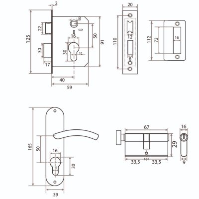 На картинке «Замок врезной Vrata 50/106-ЦМВ70 цилиндровый с защелкой, с ручкой, никель»