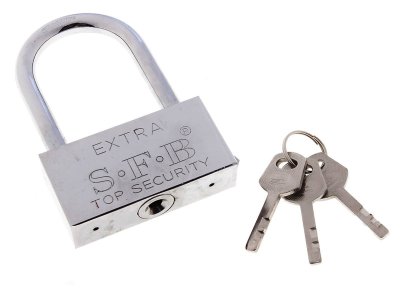 На картинке «Замок навесной"Extra"ВС-70L прямоугольный, дл.дужка, хром, 3 финских ключа»
