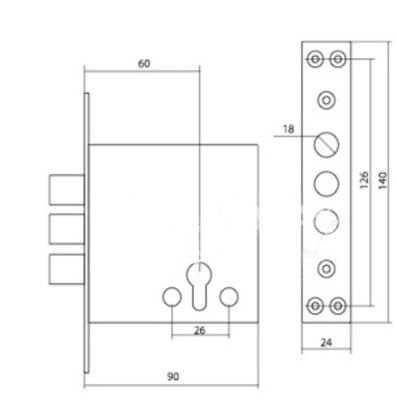 На картинке «Корпус врезного замка  "2514-Ц-3Р Верхний" 3 ригеля d-15мм, без мц (4 крепотверстия) (BZ-8)»