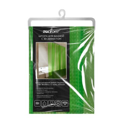 На картинке «Штора для ванной Zenfort "Лаурель 3D" ПВХ 180х180см, 12 колец, зеленый»