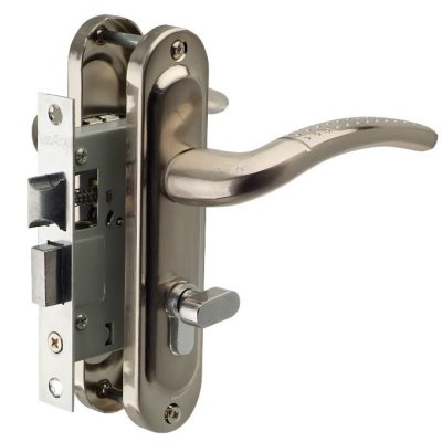 На картинке «Замок врезной Vrata 50/106-ЦМВ70 цилиндровый с защелкой, с ручкой, никель»