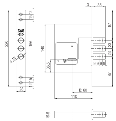 На картинке «Замок врезной сувальдный KALE KILIT 257L,BS60,28CP,5K(60mm),w/o SP,w/o Ros,(хром красный ключ)»