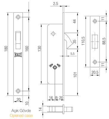 На картинке «Замок врезной под крестообразный ключ узкопрофильный KALE KILIT 201F,BS20,20NP,3KSP,Ros,STB»