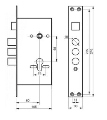 На картинке «Корпус врезного замка "3024-3Р №674 BNT-Эко" 3 круглых ригеля, без тяг и задвижки»