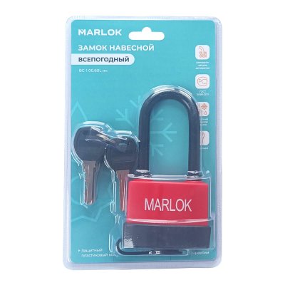 На картинке «Замок навесной всепогодный ВС-1 00.60L(1-70L) мм красный (Blister) MARLOK»