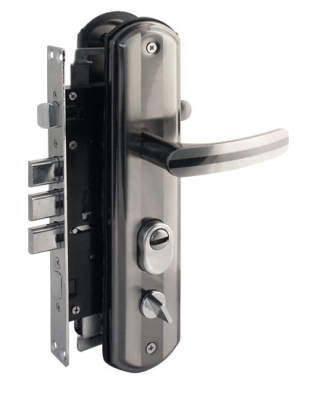 На картинке «Замок врезной для китайдверей "Евро Полоса1000-24" с ручками,3 ригеля+задвижка+МЦ левый »